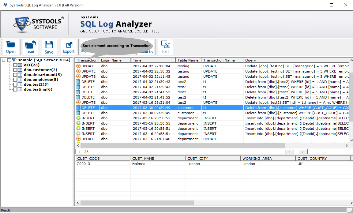 Sort Database Transactions