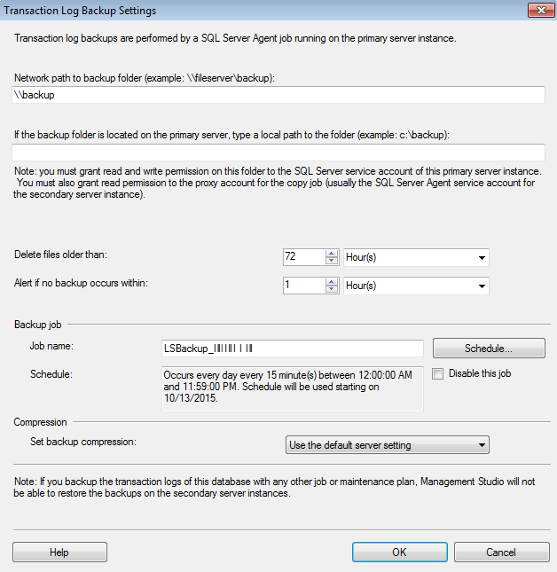 Transaction log backup setting