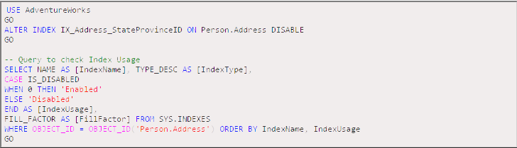Disable index using T-SQL