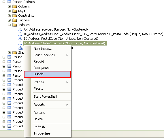 Disable indexes using ssms