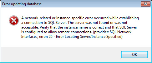 Provider sql network connections error 26 error locating