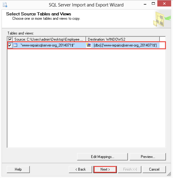 Select Source Tables and Views 