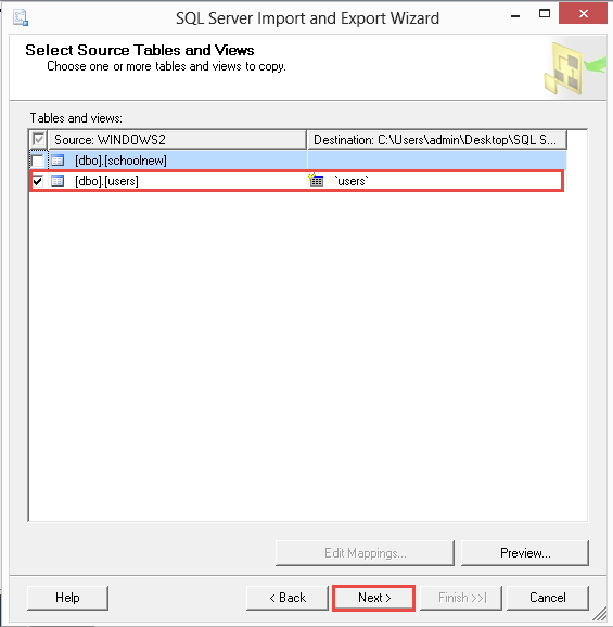 Select Source Tables and Views