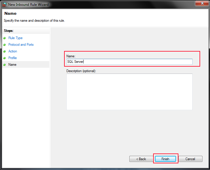 Click Finish to solve SQL server does not exist or access denied