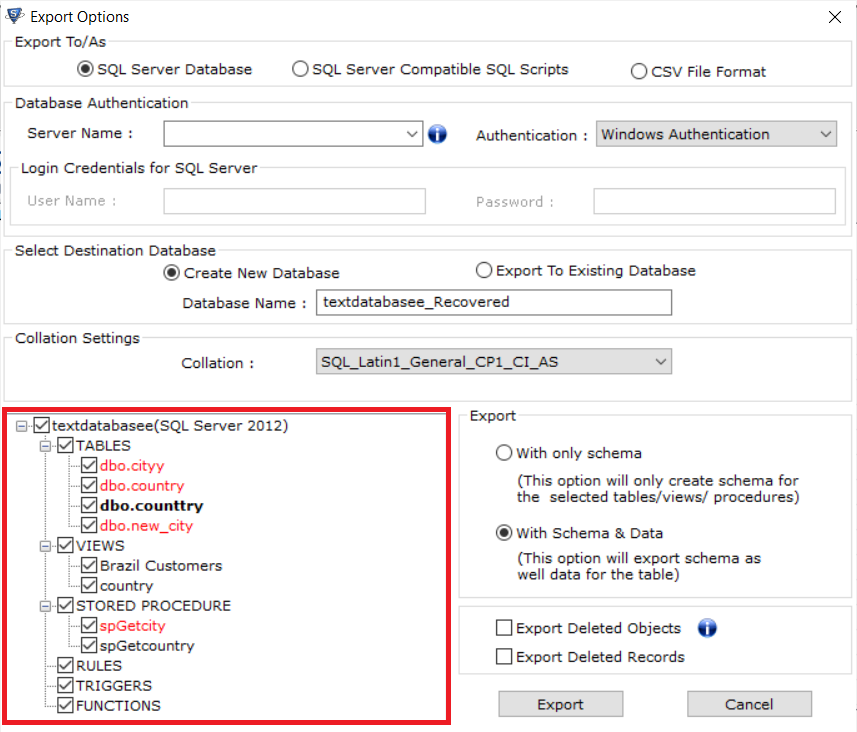 Choose database objects