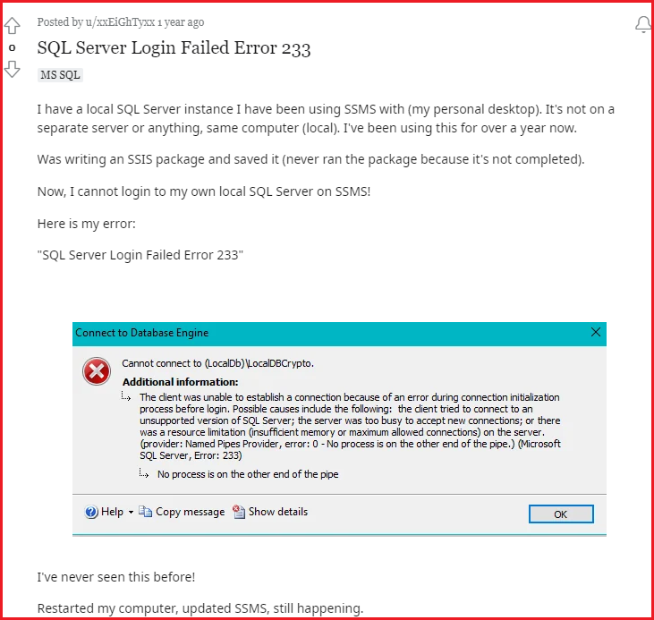 Microsoft SQL error 233